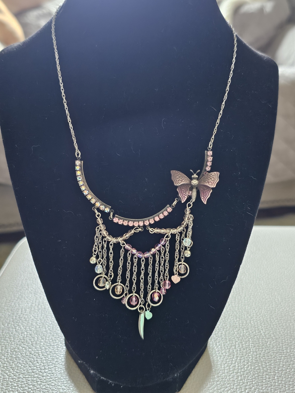 Whimsical Pink and Silver-tone Butterfly Multi-Tier Necklace